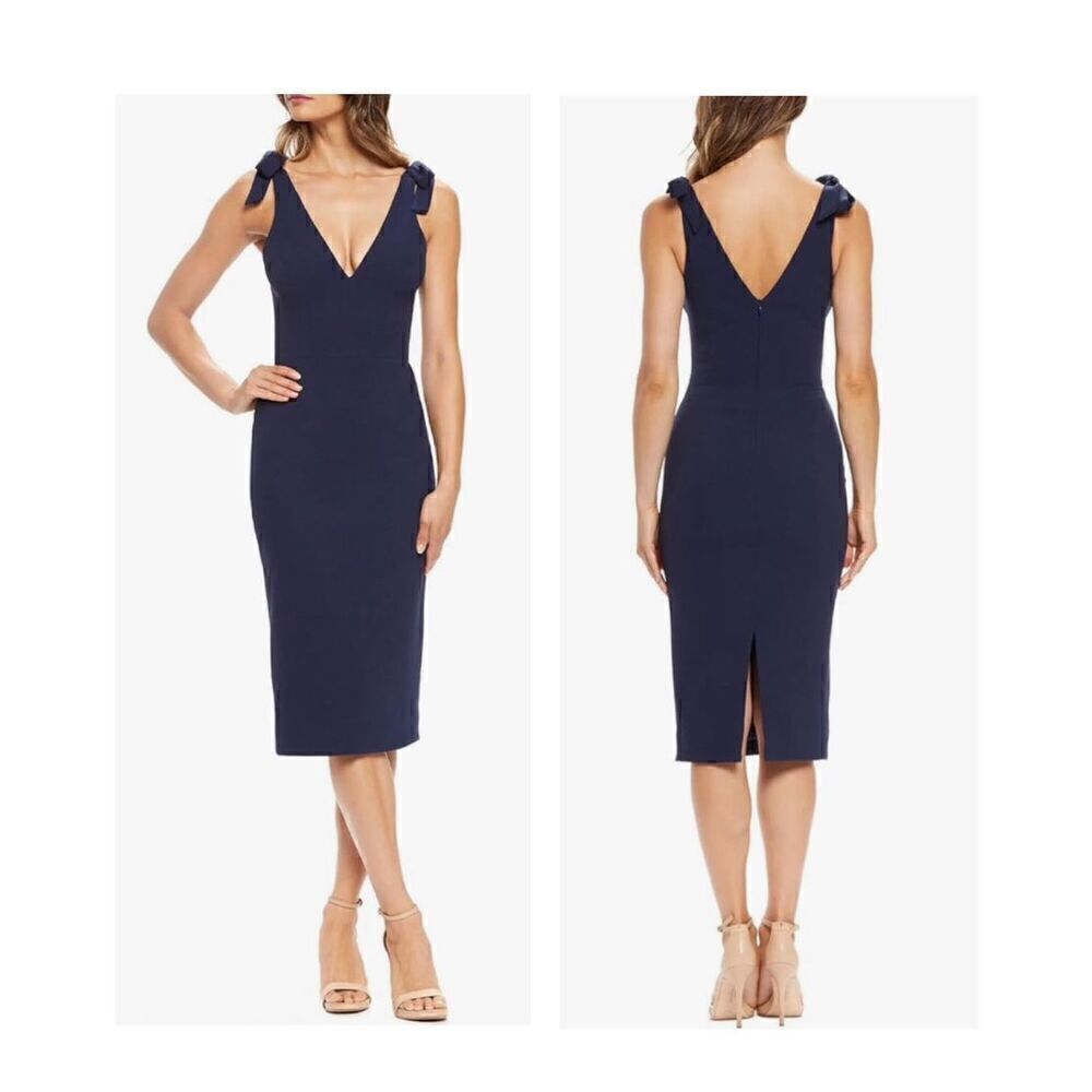 Dress the Population Women's Lita Sleeveless Plunging Midi Sheath Dress W Bows